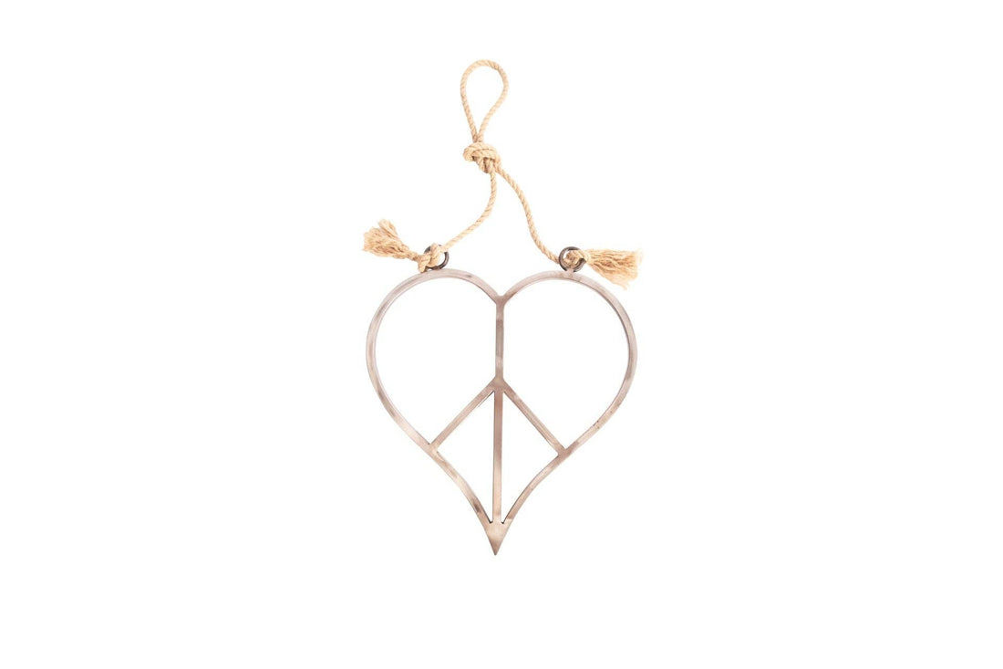 Small Hanging Metal &amp; Jute Heart Peace Sign