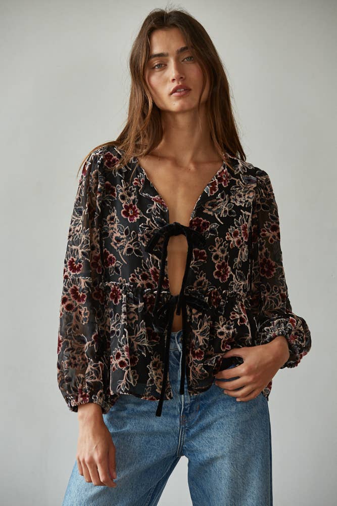 Woven Polyester Nylon Velvet Floral Print Blouse Top