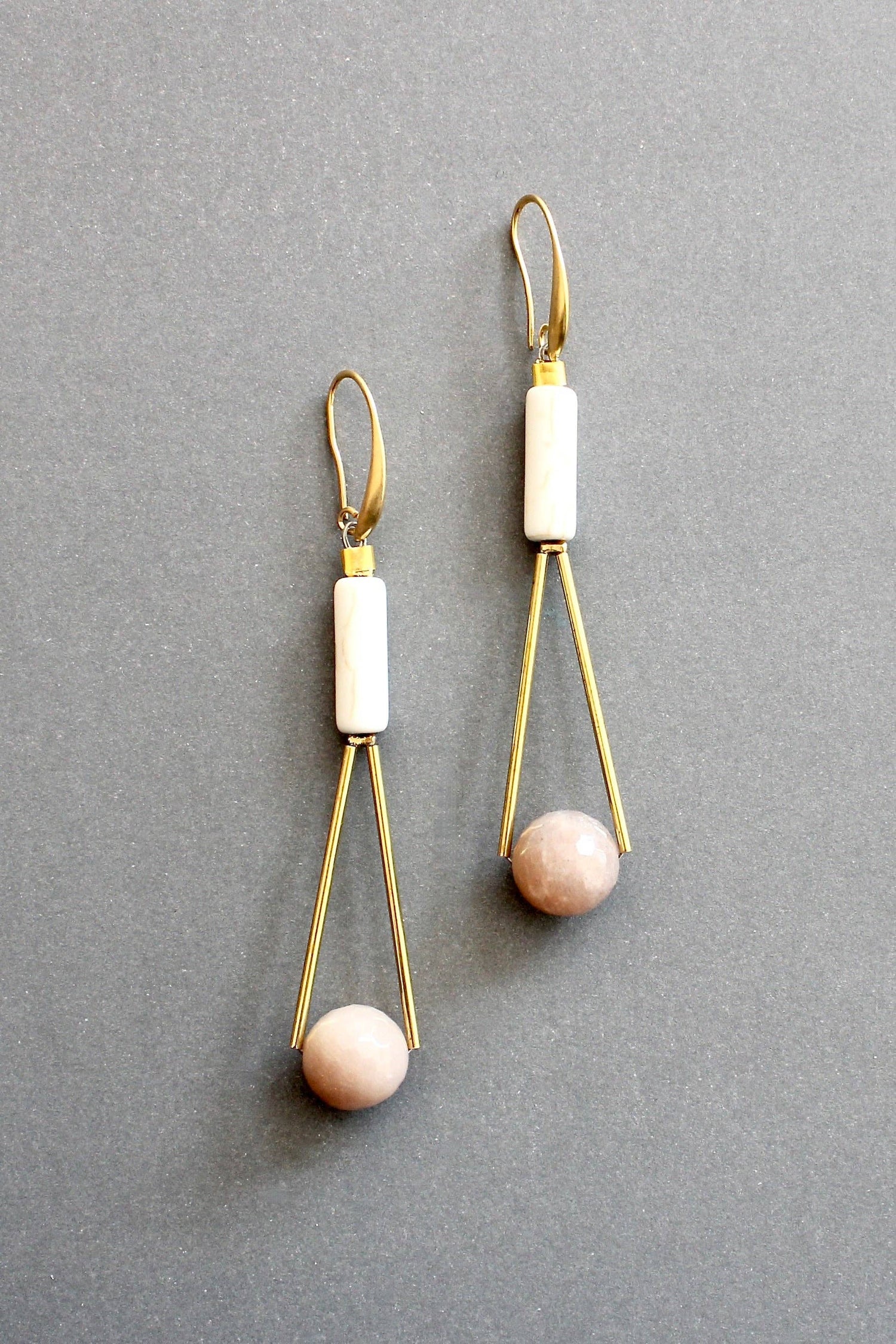 Peach Moonstone Geometric Dangle Earrings
