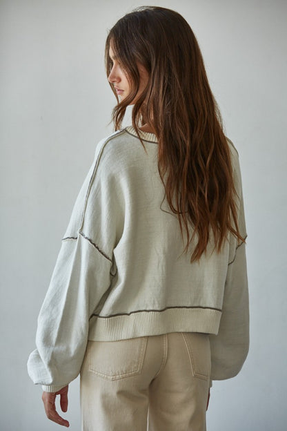 Knit Sweater Boat Neck Contrast Seam Pullover Top