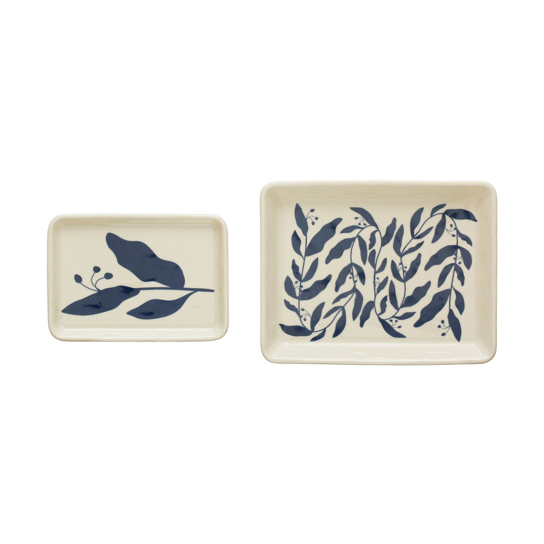 Stoneware Plates w/ Botanicals, Blue &amp; Cream Color, Set of 2