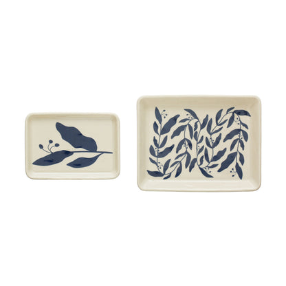Stoneware Plates w/ Botanicals, Blue &amp; Cream Color, Set of 2
