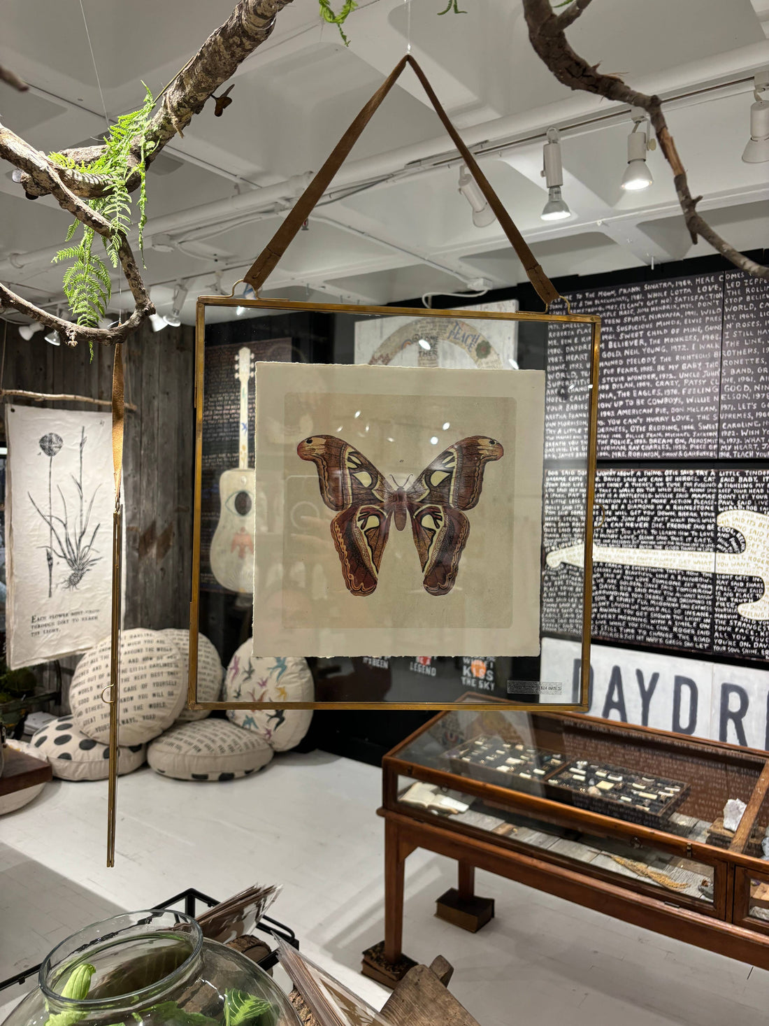 Glass and Brass Metal Wall Hanging Picture Frame with Brown Suede