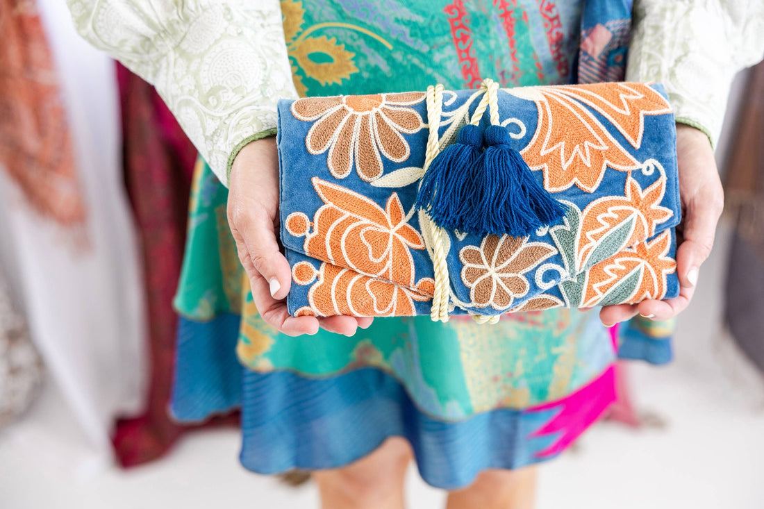 Embroidered Velvet Jewelry Organizer Blue