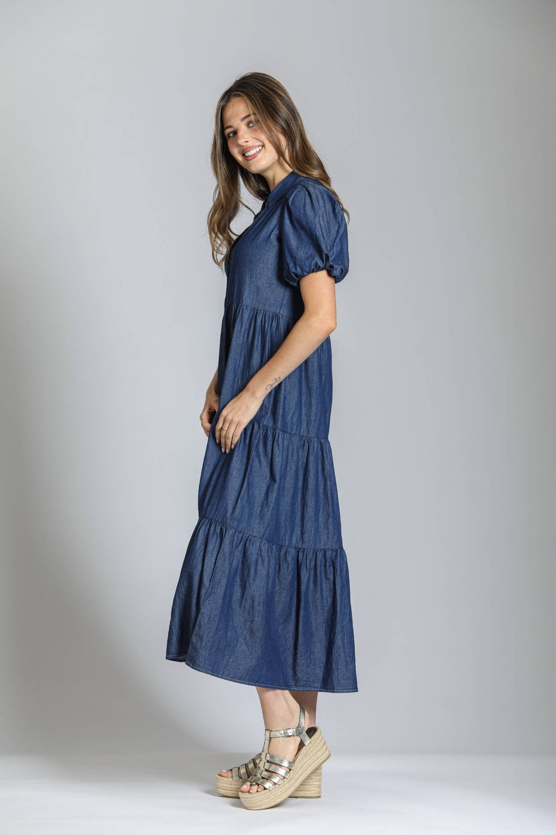 Medium Indigo Long Tiered Dress With Puff Sleeve