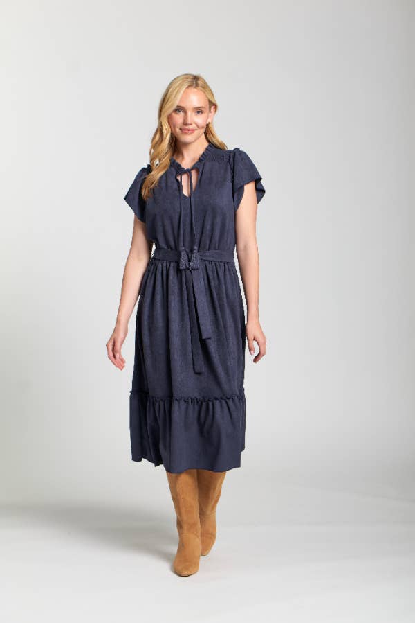 Navy Vegan Suede Short Sleeve Dress With Smocked Sleeves