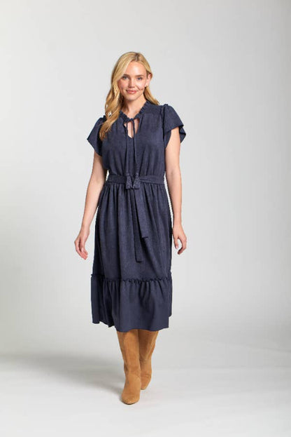 Navy Vegan Suede Short Sleeve Dress With Smocked Sleeves