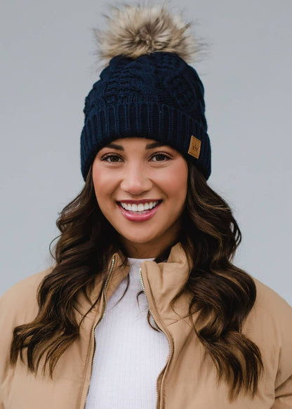 Navy Cable Knit Pom Beanie