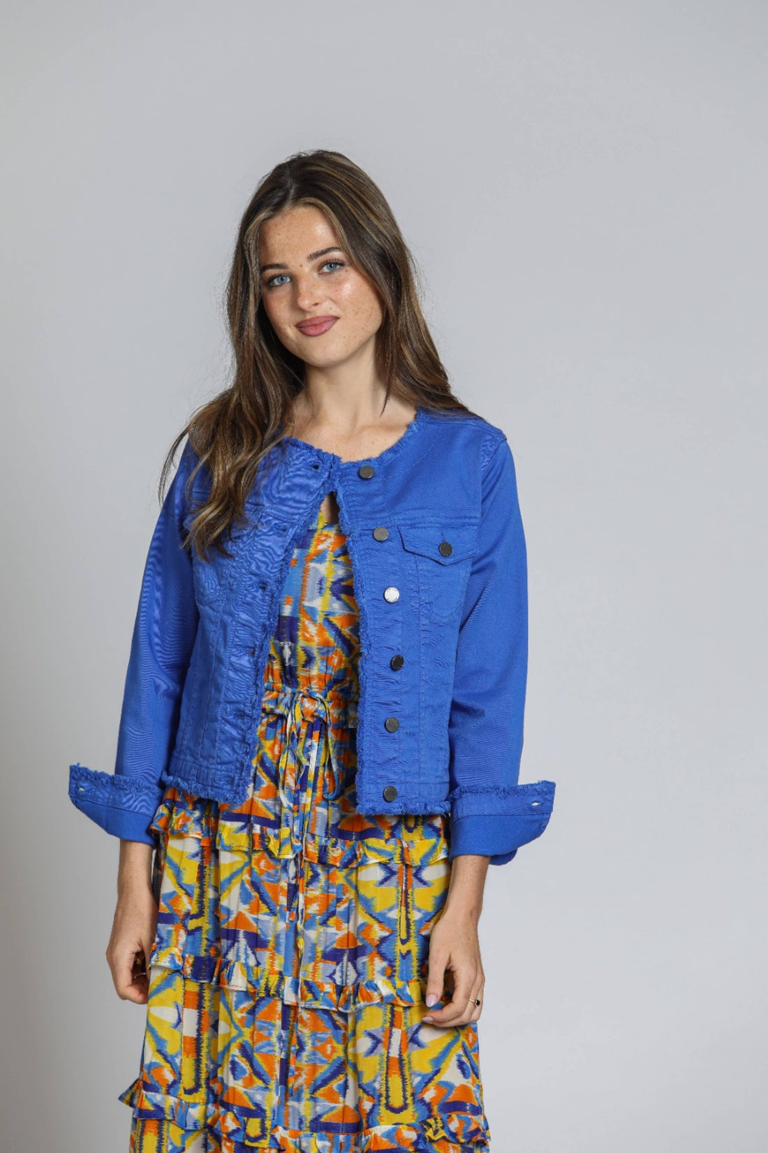 Dazzling Blue Collarless Jean Jacket with Frayed Detail
