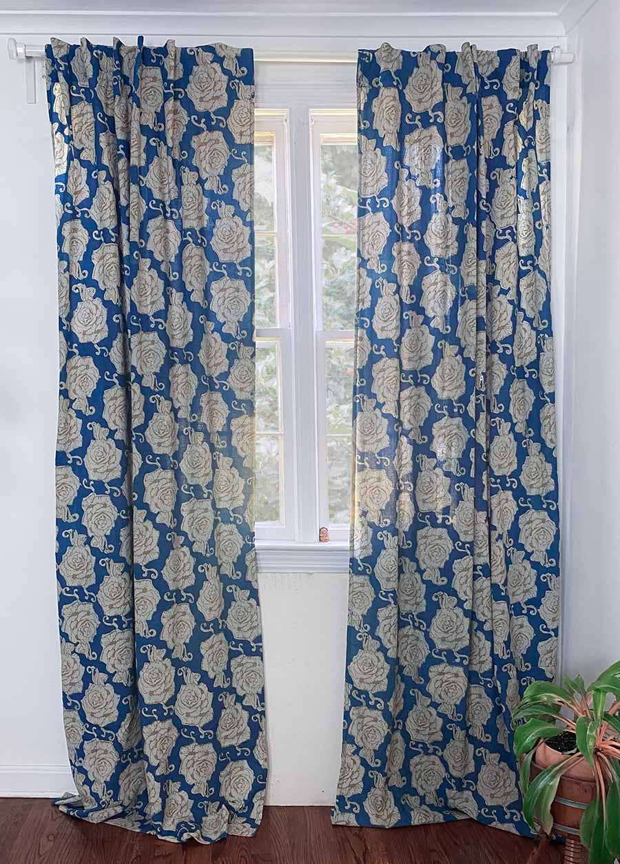 Light Blue & Gold Window Room Curtains Drapes - Rose Gold