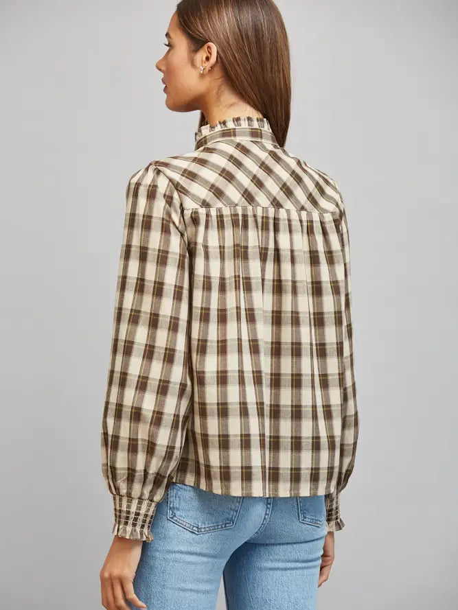 Plaid Ruffled High Collar Button Down Blouse