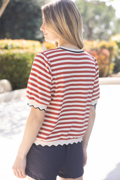 Contrast Band Detailed Striped Knit Top