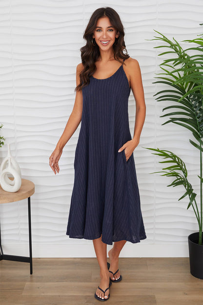 Spaghetti Strap Pinstripe Linen Maxi Dress