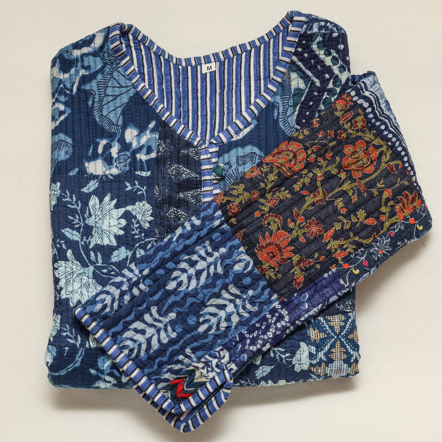 Artisan Blue Patchwork Quilted Jacket | Reversible Hand-Block Printed Layer