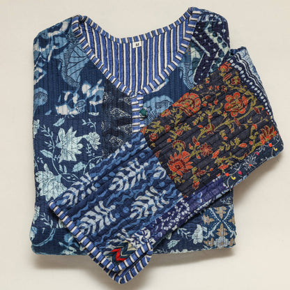 Artisan Blue Patchwork Quilted Jacket | Reversible Hand-Block Printed Layer