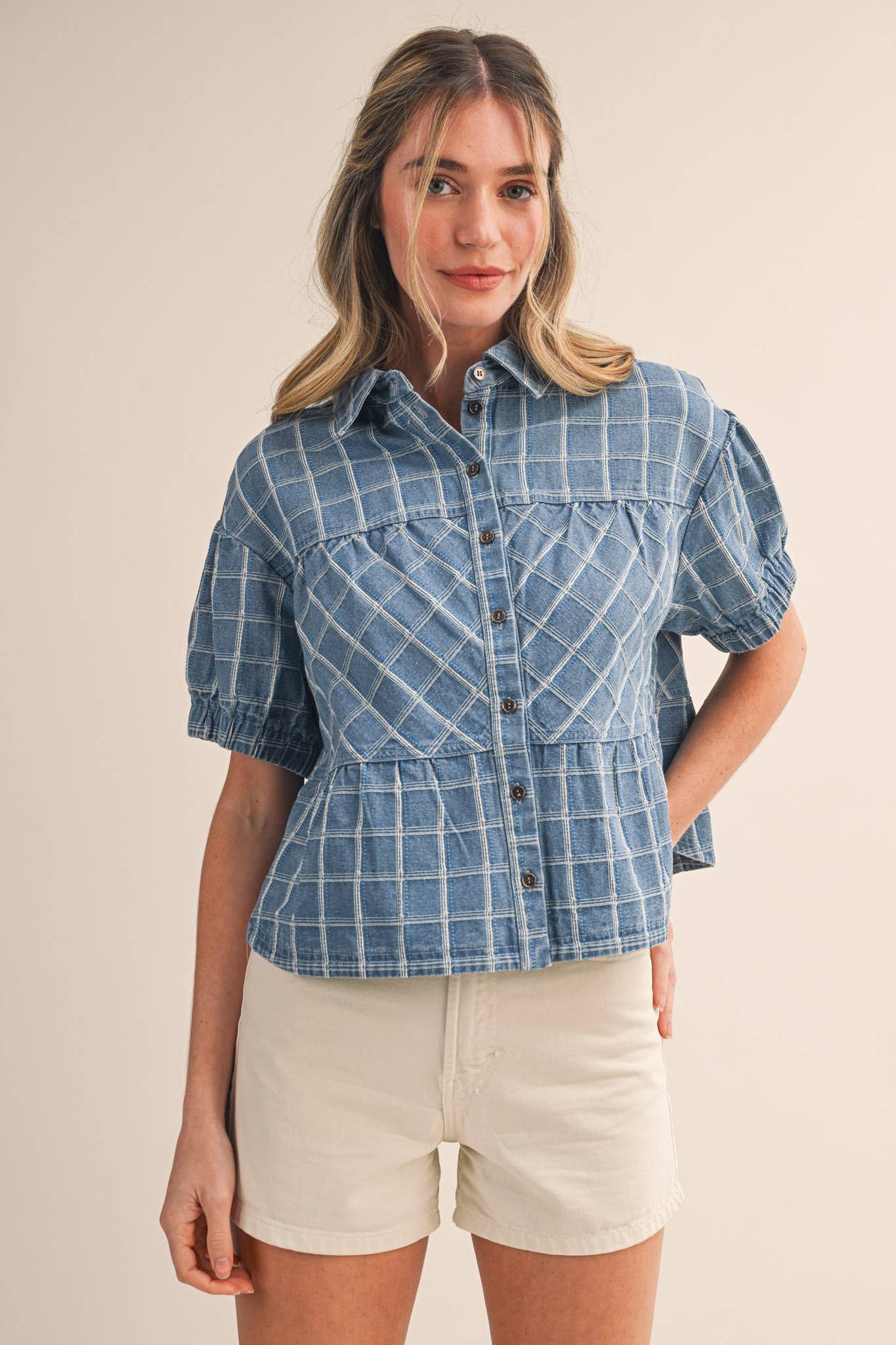 Checkered Denim Button Down Top