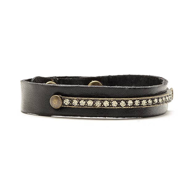 Narrow Leather Band Crystal ID Bracelet