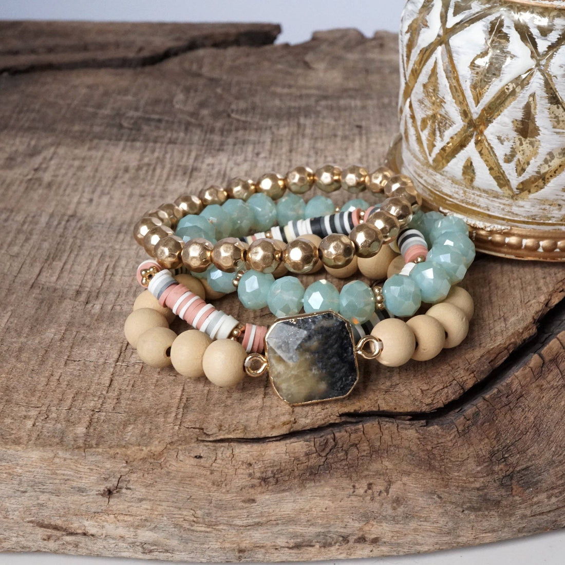 Boho Beaded Bracelets Set Semi Precious Center Stone Wood Glass Clay Beads Aqua Blue Gray andandGold tone