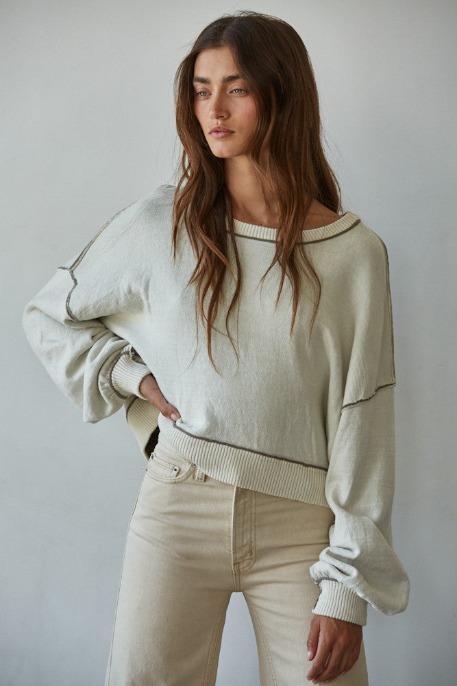 Knit Sweater Boat Neck Contrast Seam Pullover Top