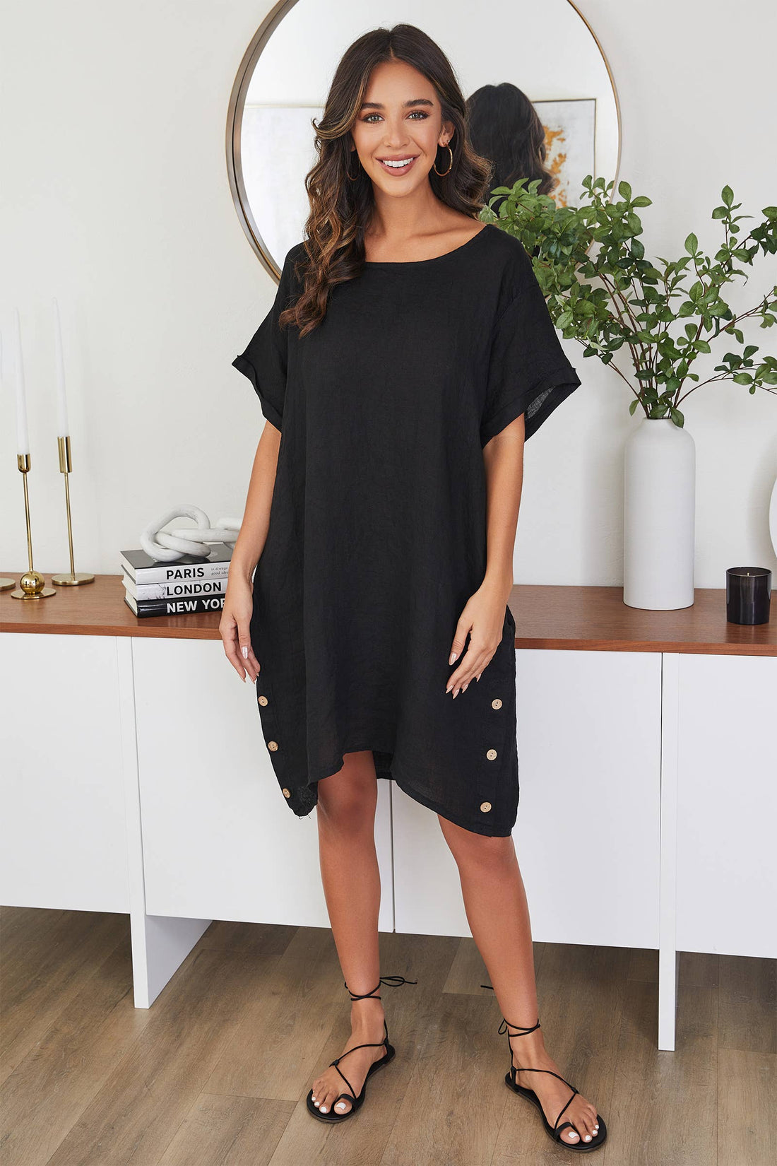 Short Sleeve Side Button Detail Linen Dress