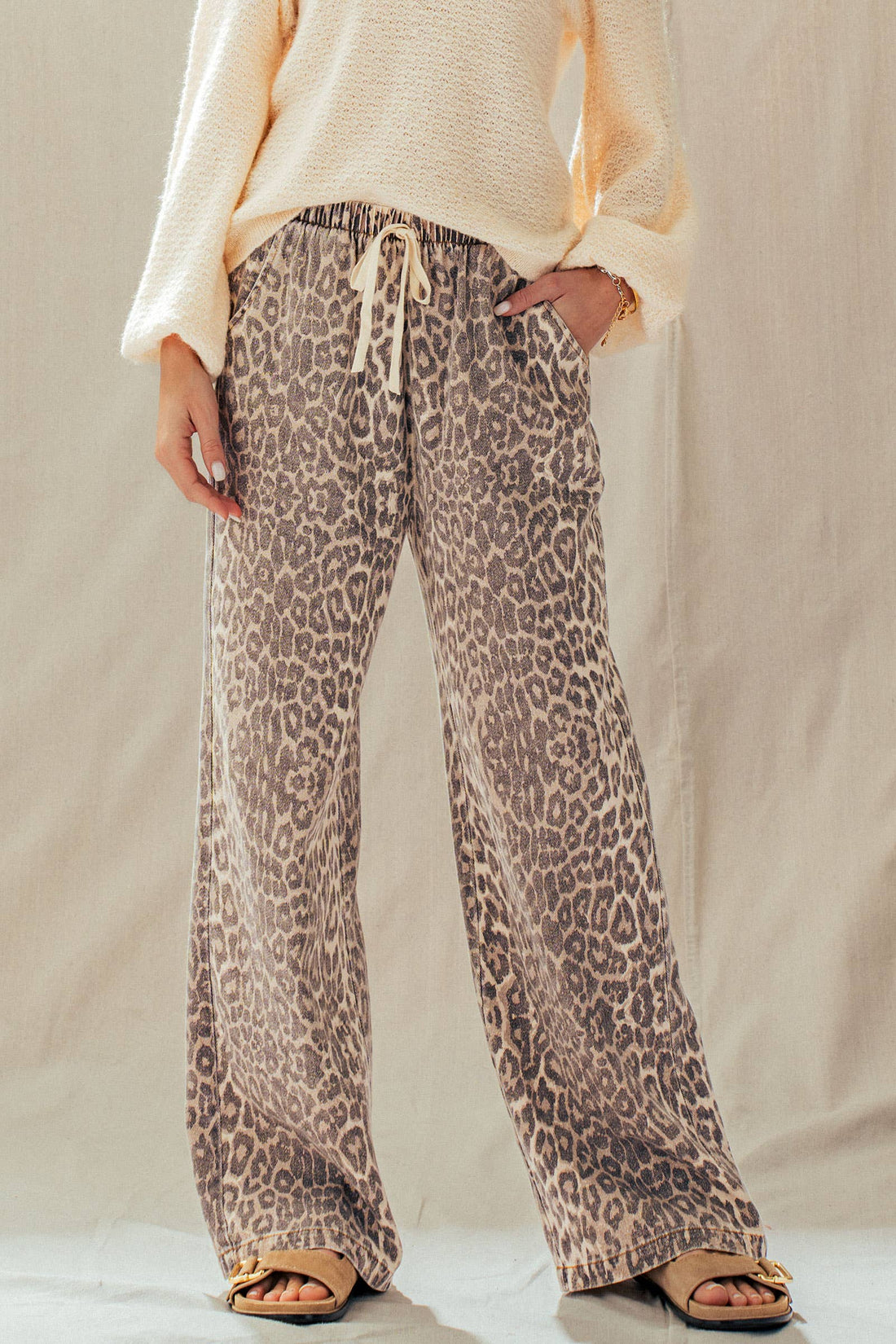 Leopard Print Wide Leg Cotton Pants