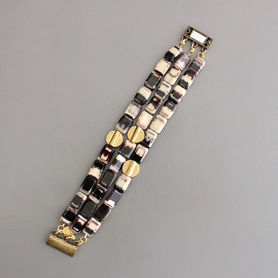 Glass and Brass Triple Strand Bracelet