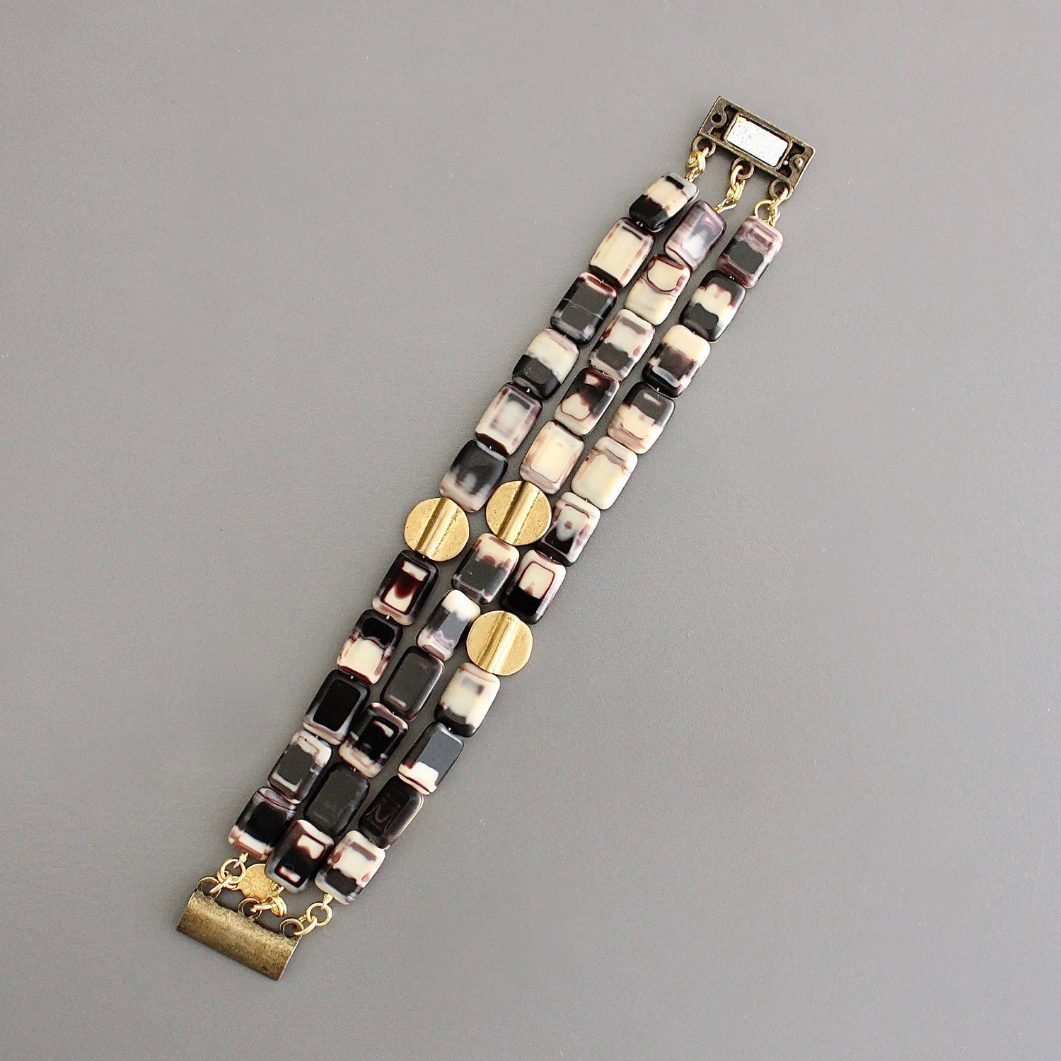 Glass and Brass Triple Strand Bracelet