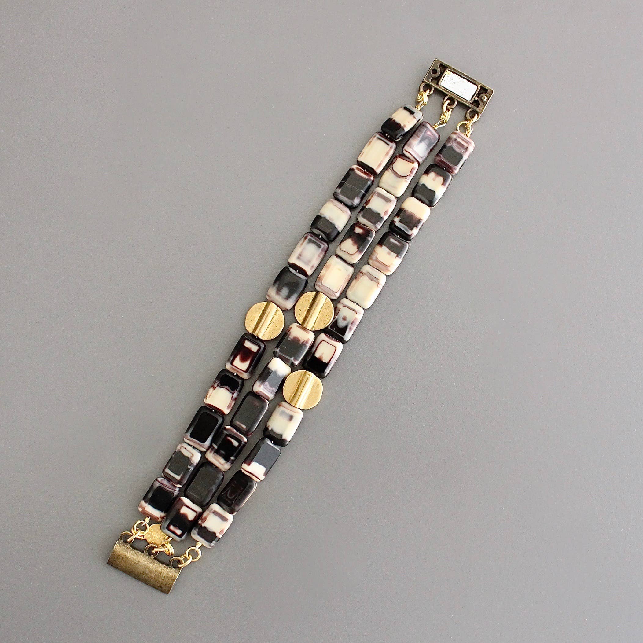 Glass and Brass Triple Strand Bracelet