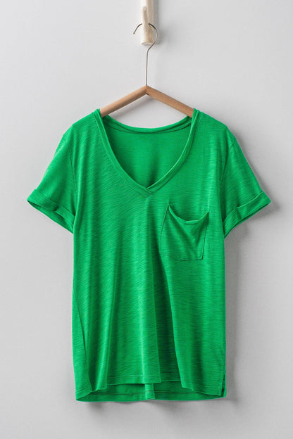 Rolled Sleeve V-Neck Pocket Tee