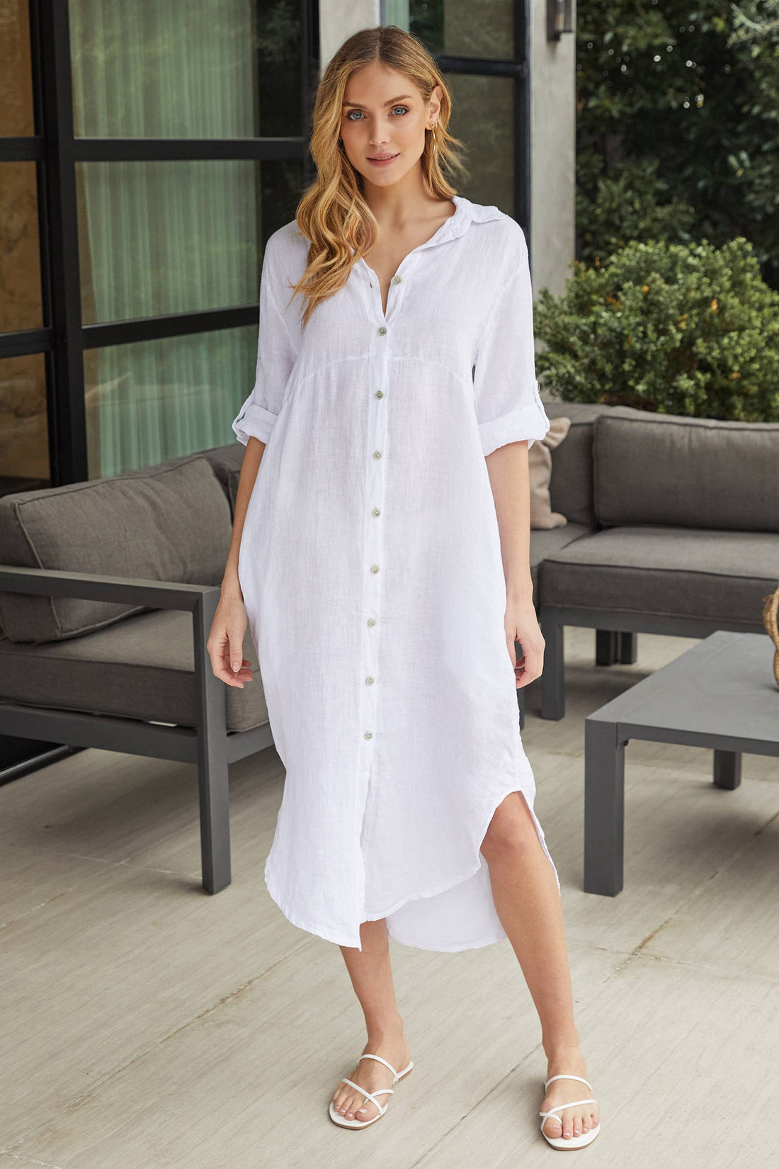 Solid Midi-Length Linen Dress