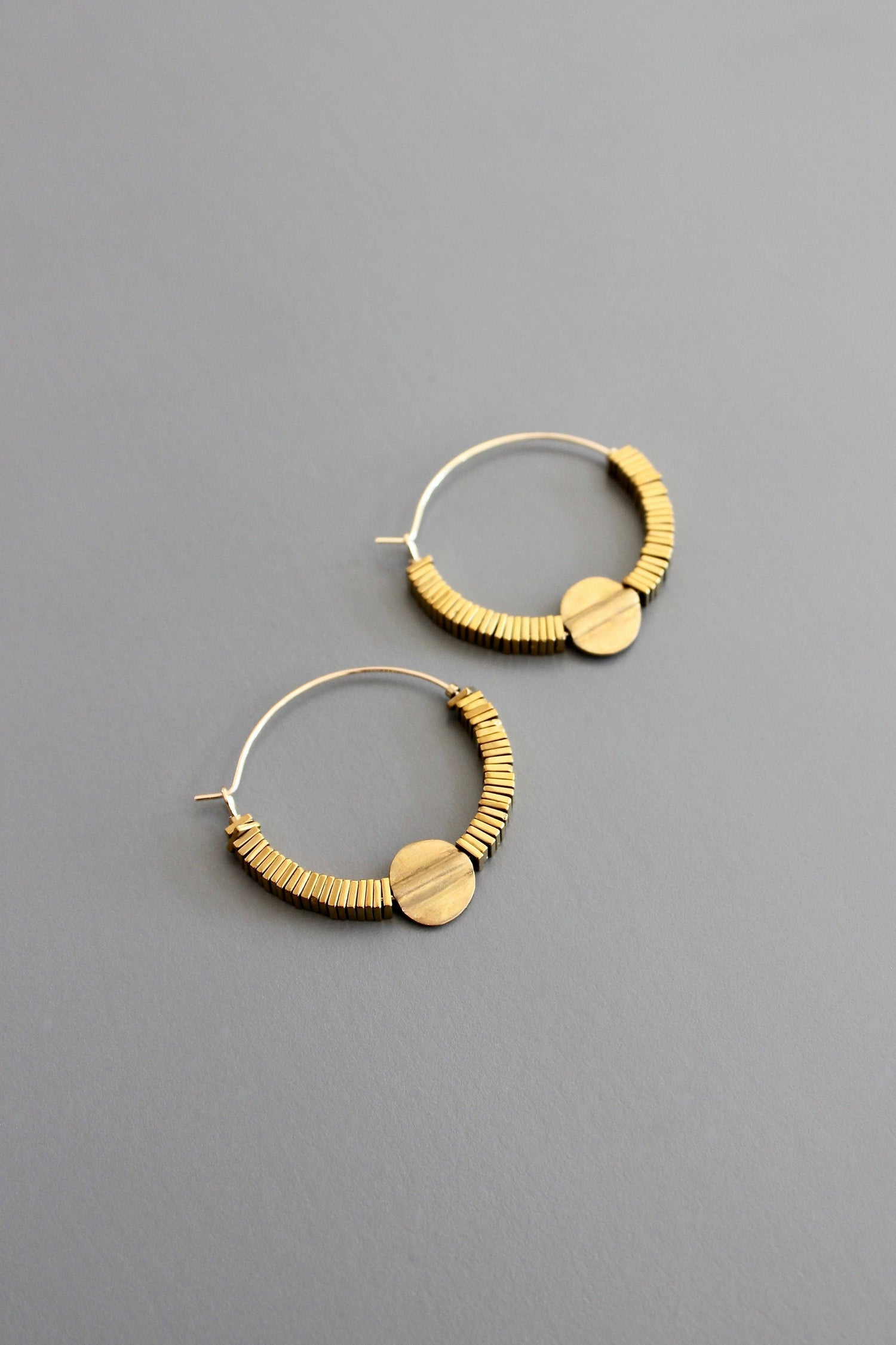 Gold Hematite Hoop Earrings with Brass Beads