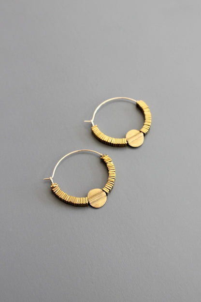 Gold Hematite Hoop Earrings with Brass Beads