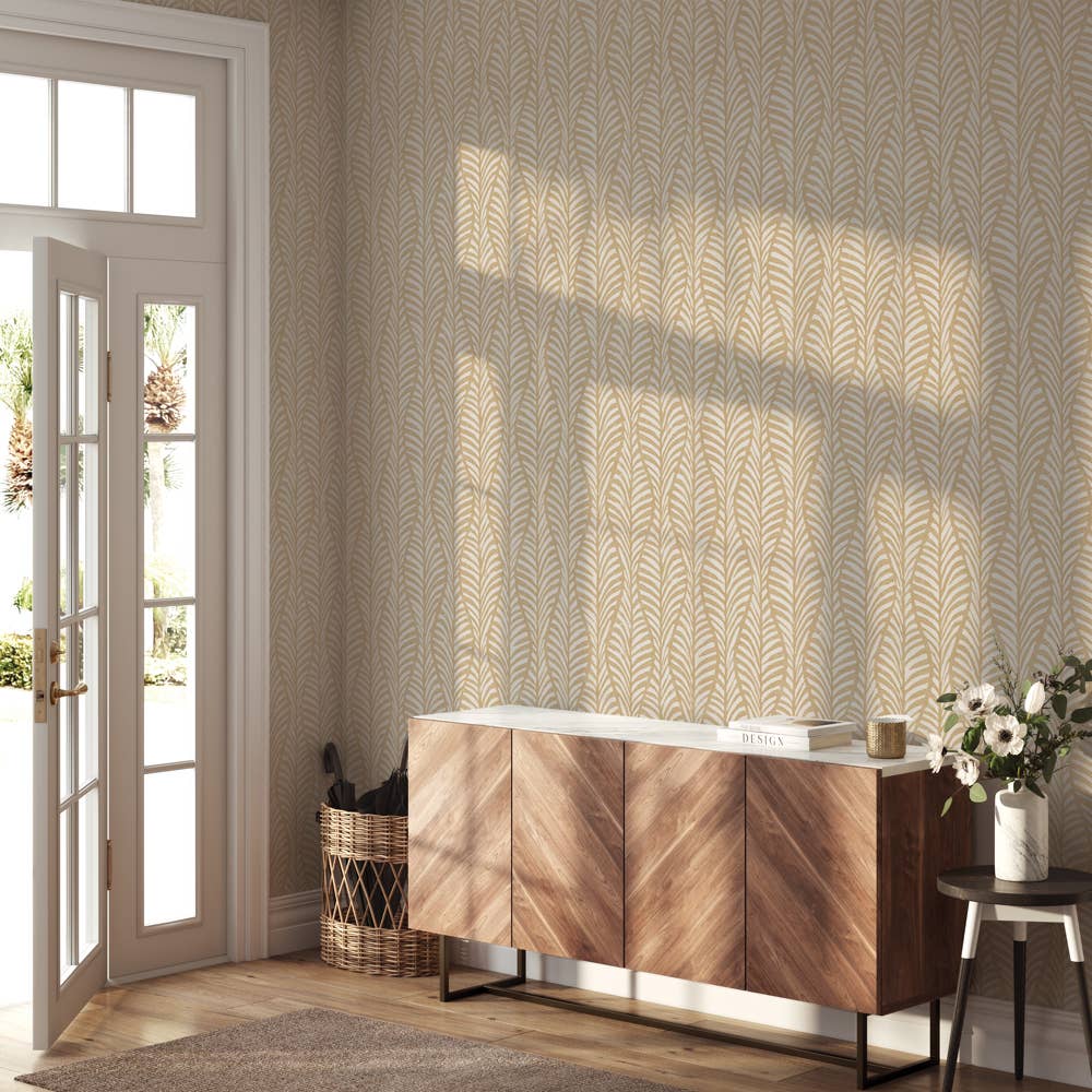 Block Print Leaves Sand P&amp;S Wallpaper, 28 sq. ft.
