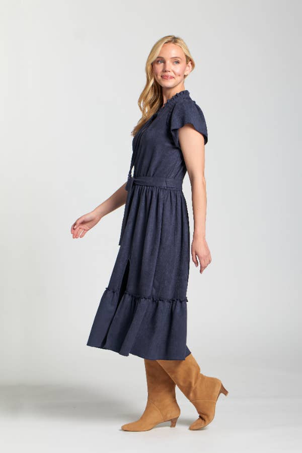 Navy Vegan Suede Short Sleeve Dress With Smocked Sleeves