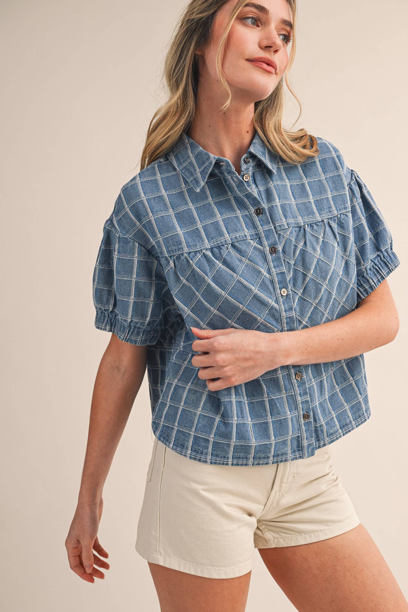 Checkered Denim Button Down Top