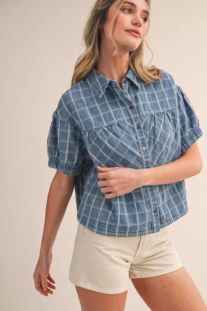Checkered Denim Button Down Top