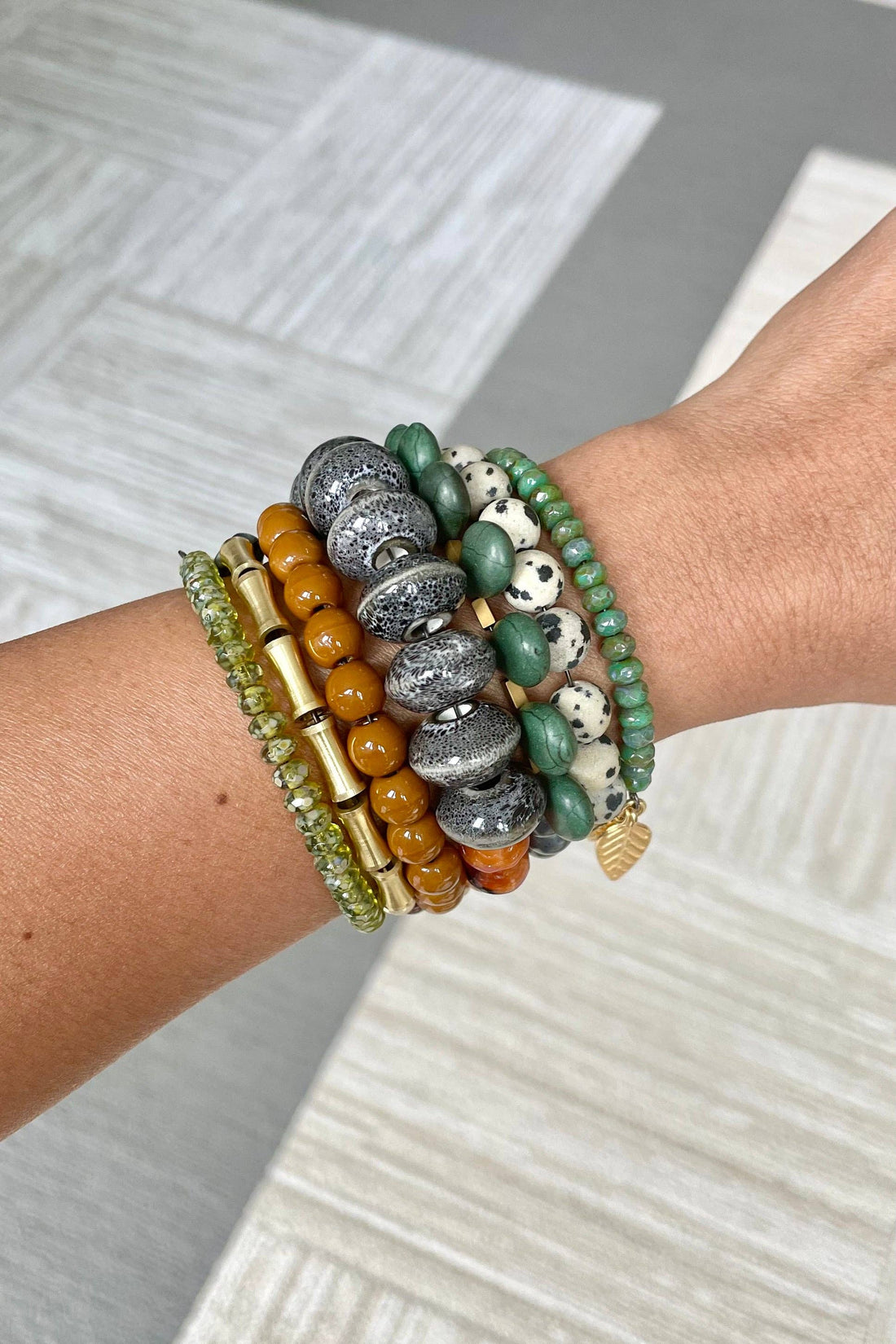 Green, Caramel, Jasper, and Gray Wrap Bracelet