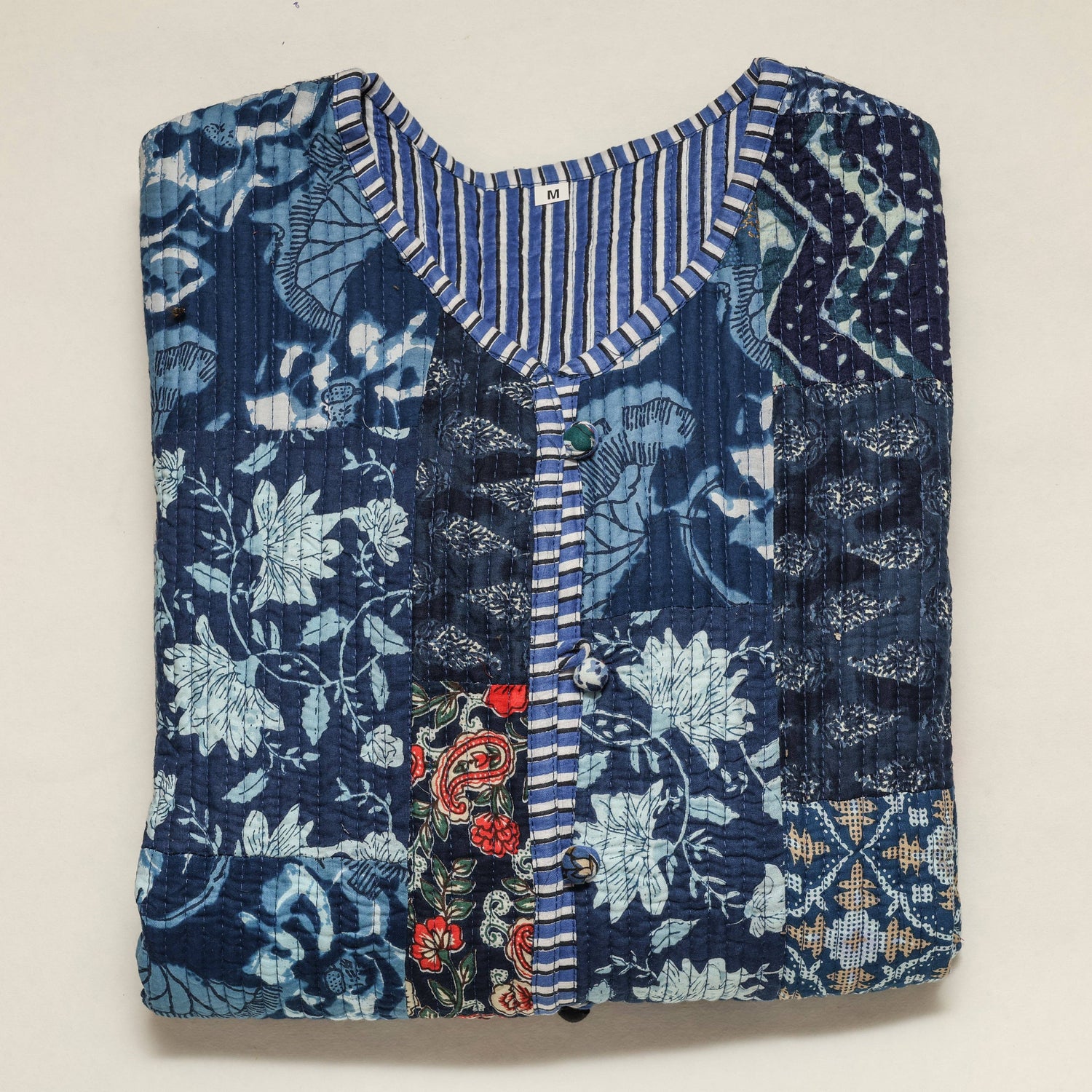 Artisan Blue Patchwork Quilted Jacket | Reversible Hand-Block Printed Layer