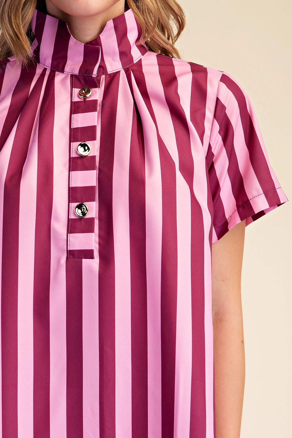 Striped Stand High-Neck Midi Dress