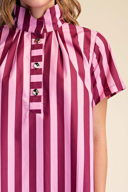 Striped Stand High-Neck Midi Dress