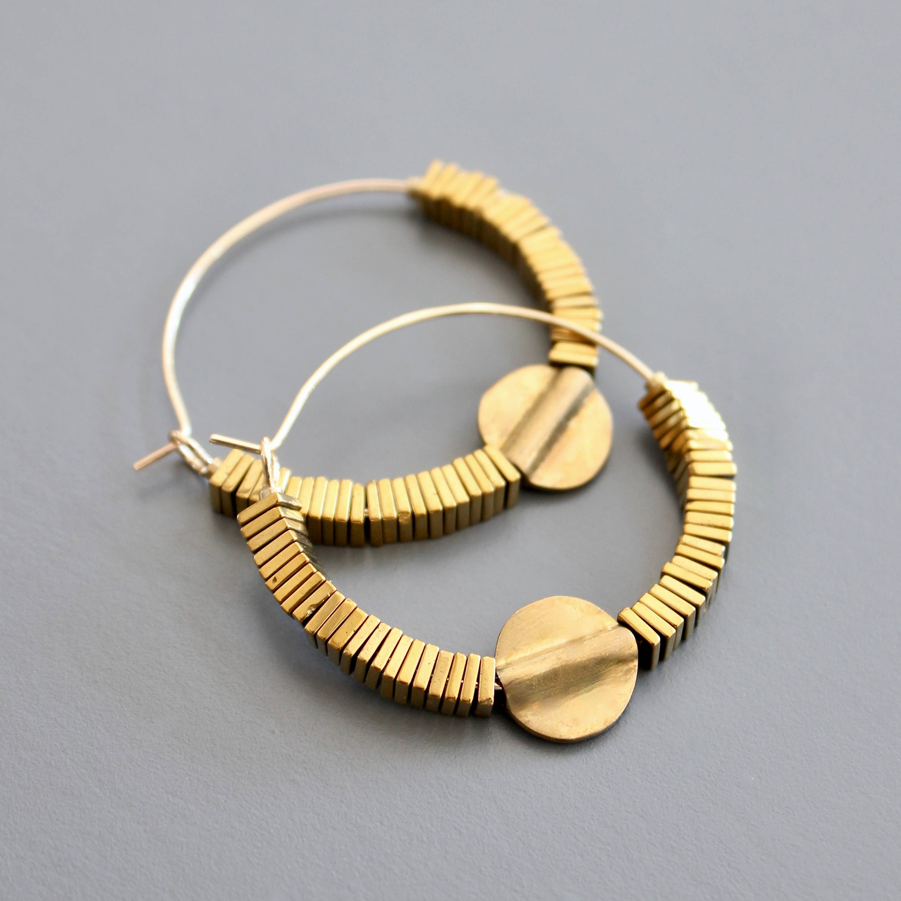 Gold Hematite Hoop Earrings with Brass Beads