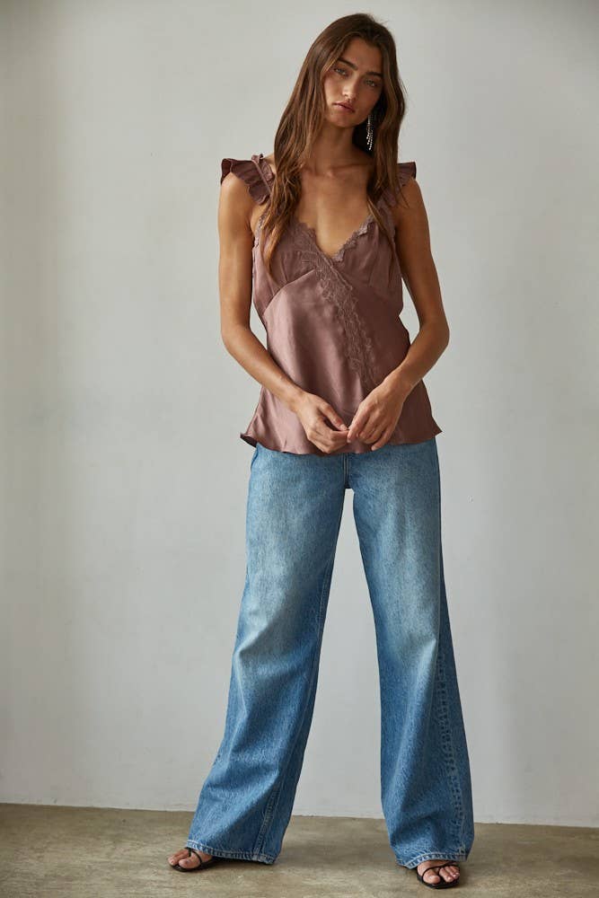 Woven Polyester Satin Lace Trim Detail V-Neck Cami