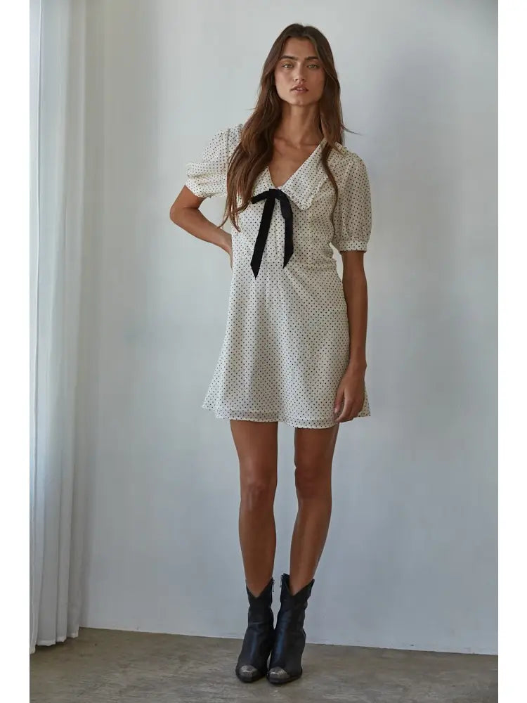 Woven Polyester Chiffon Swiss Dot Print Mini Dress