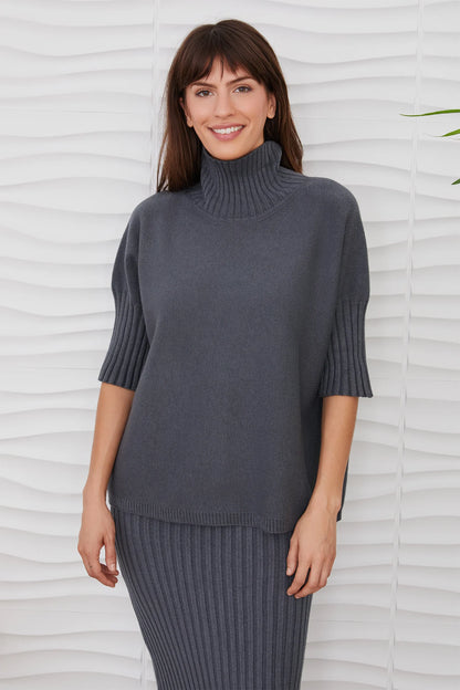 Rib Contrast Turtleneck Short Sleeve Knit Top