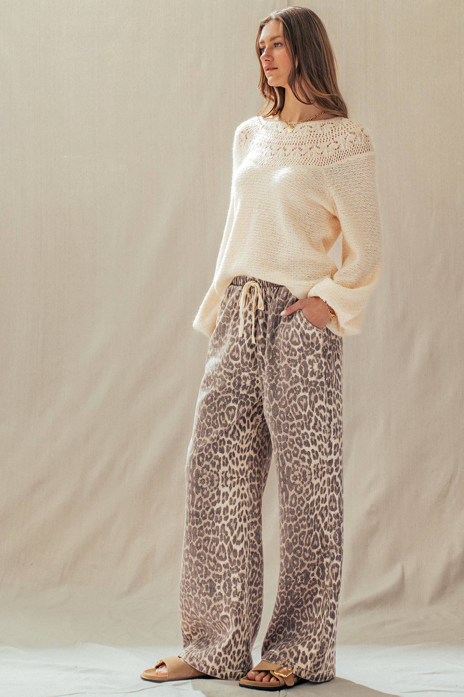 Leopard Print Wide Leg Cotton Pants