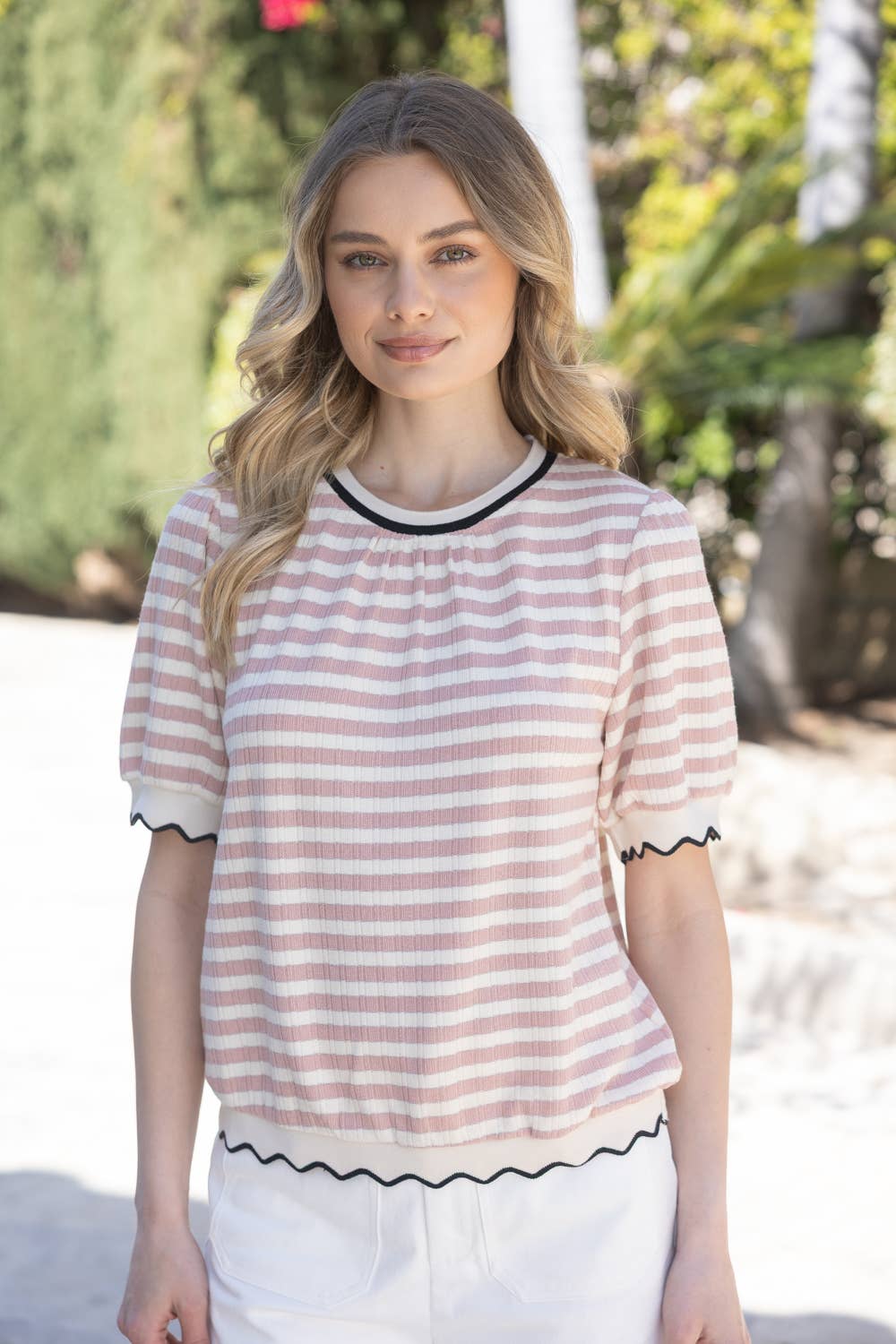 Contrast Band Detailed Striped Knit Top
