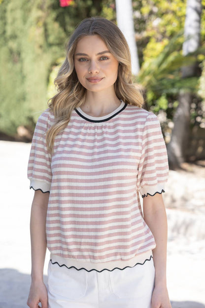 Contrast Band Detailed Striped Knit Top