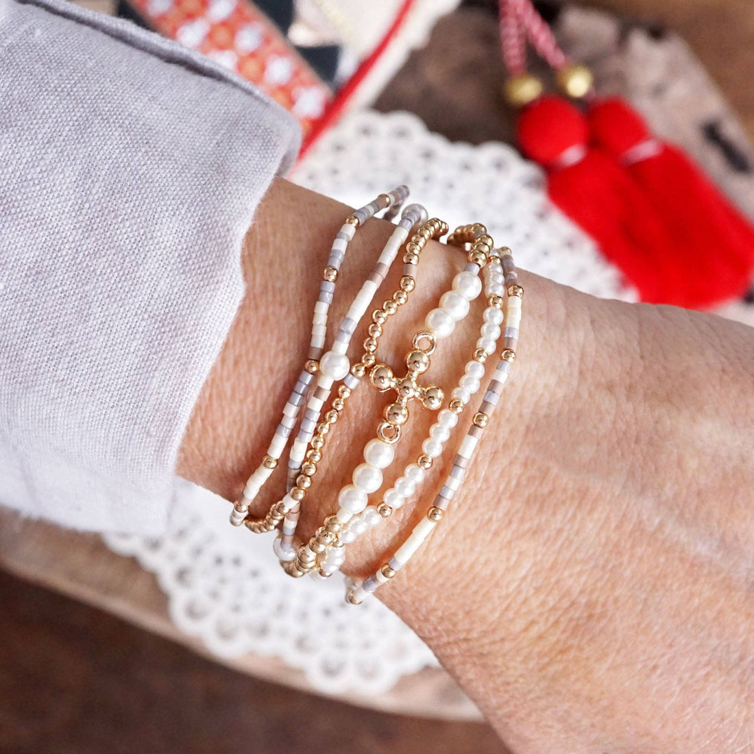Cross, Pearls &amp; Miyuki Beaded Bracelet Set – Effortlessly Elegant