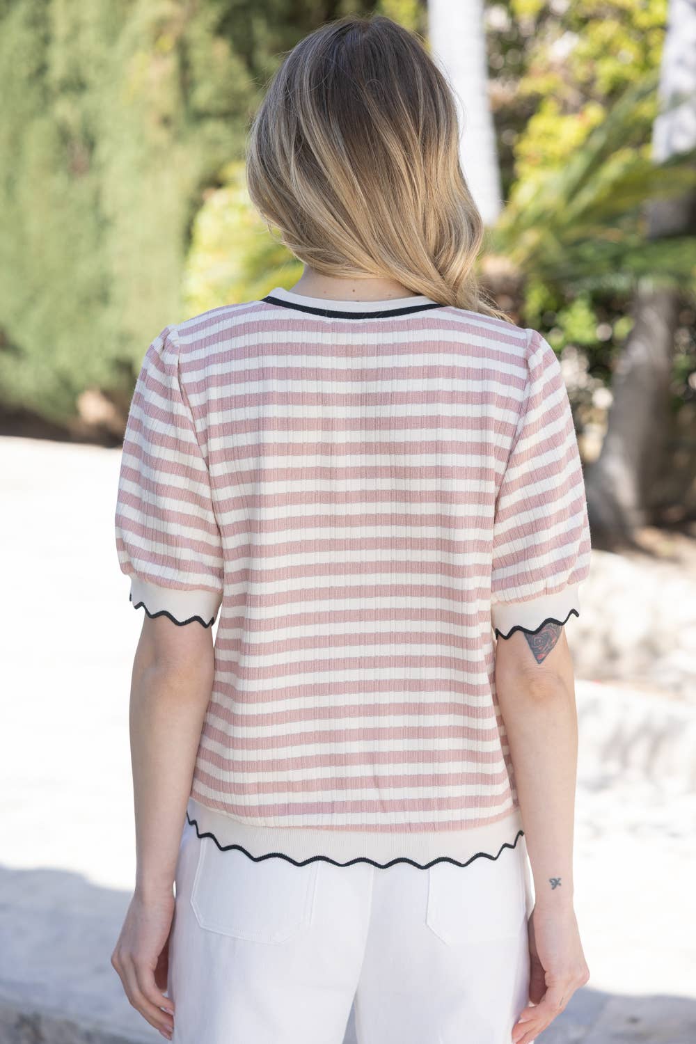 Contrast Band Detailed Striped Knit Top