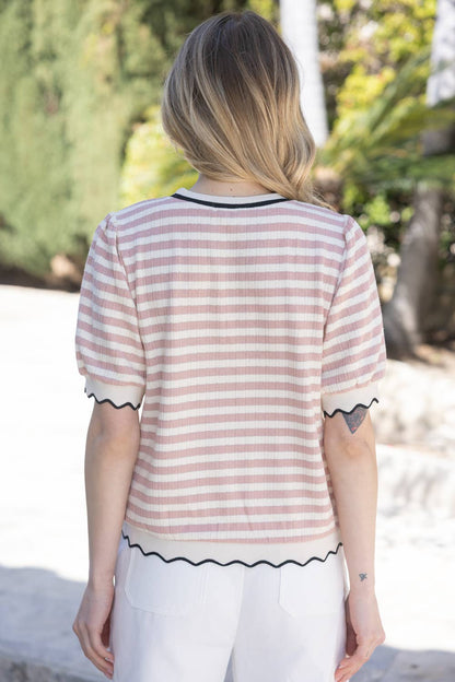Contrast Band Detailed Striped Knit Top